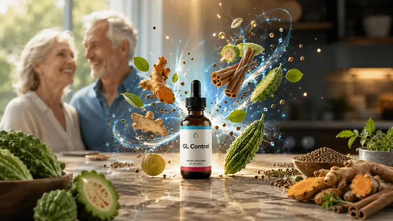 GL Control liquid tincture bottle surrounded by natural botanical ingredients for glucose support